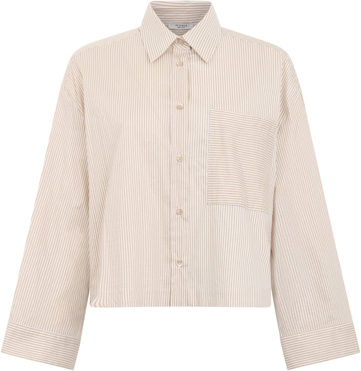 Peserico White crop top with beige stripes and minimal design.