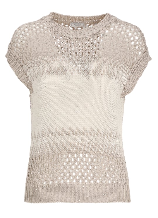 Peserico Ivory Cotton Sequined Perforated Knit Top