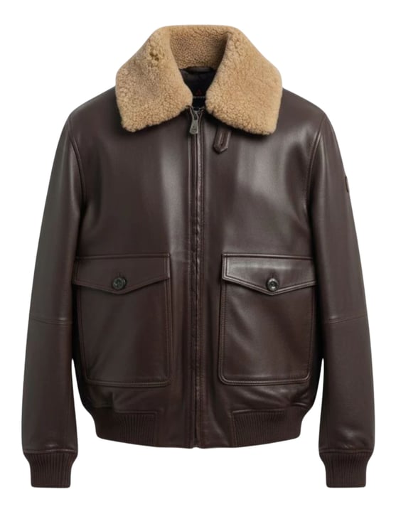Peuterey Brown Leather Jacket With Shearling Collar And Ribbed Details