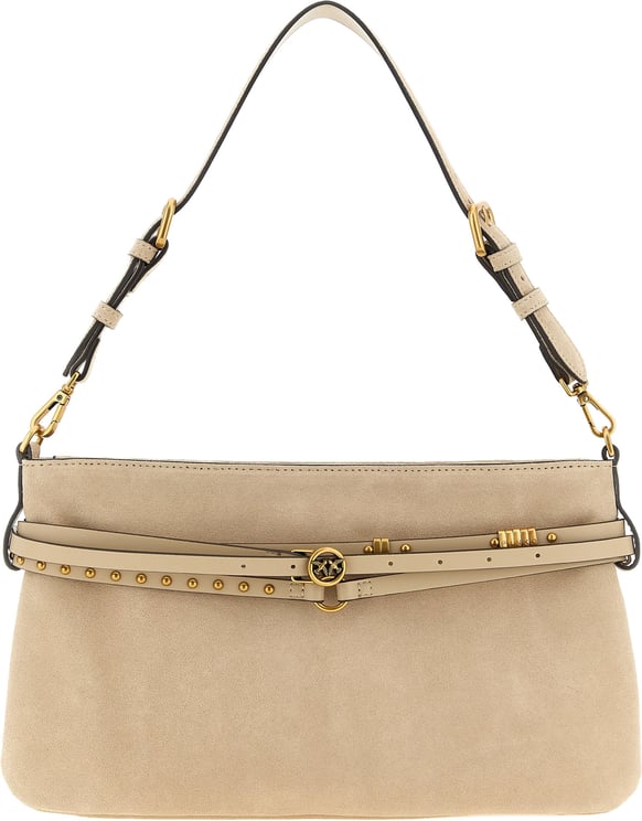 Pinko Light Beige Classic Studded Suede Handbag