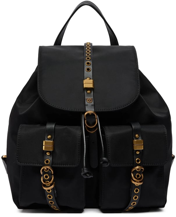 Pinko Black Backpack Decorative Flap Gold-Accent Backpack