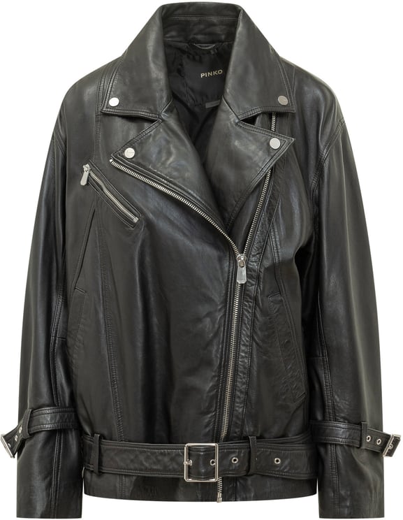 Pinko Giacca biker in pelle con cintura
