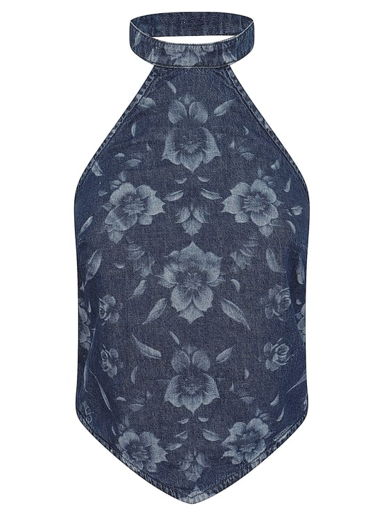 Pinko Lightweight Denim Halterneck Top with Floral Detail