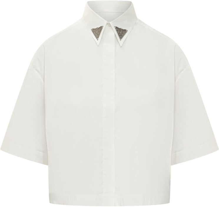 Pinko Camicia Cropped a Maniche Corte con Colletto Decorato