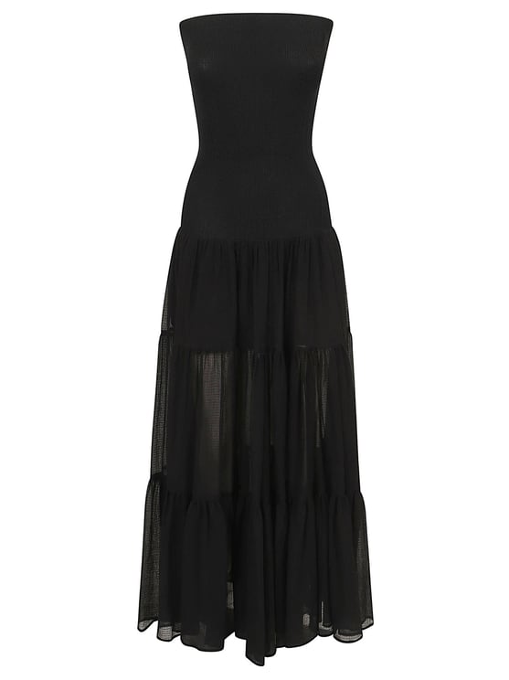 Pinko Ribbed Seersucker Midi Dress with Flounced Skirt