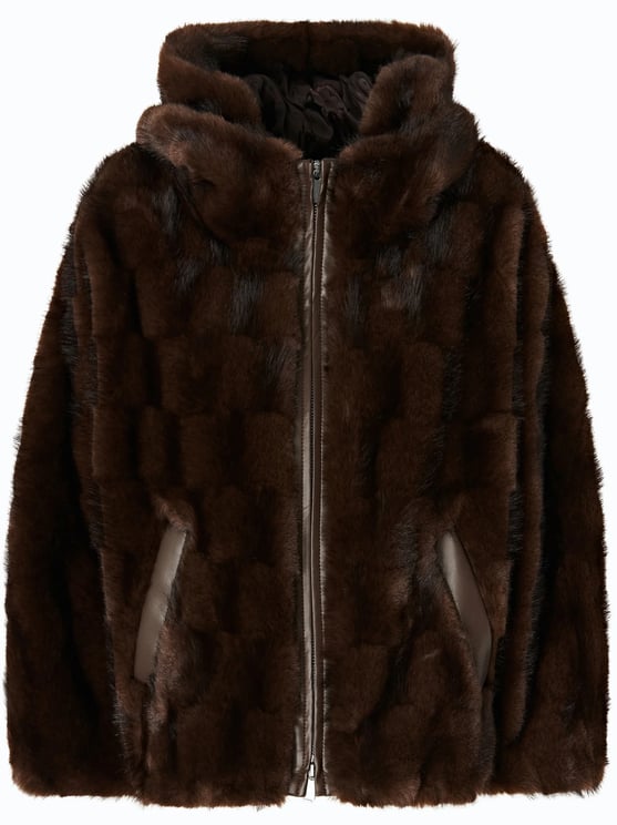 Pinko Plush Dark Brown Checkered Fur Jacket With Hood And Leather Trim