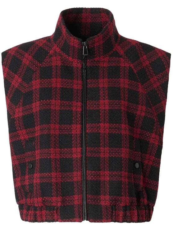 Pinko Cropped Red And Black Checkered Tweed Gilet With High Collar