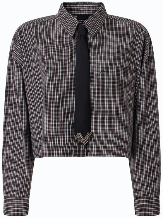 Pinko Cropped Checkered Shirt With Classic Collar And Decorative Tie