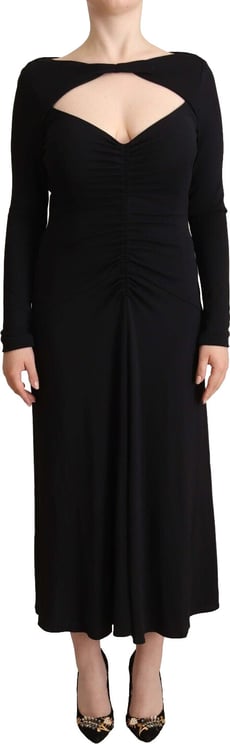 Pinko PINKO Black Nylon Stretch Long Sleeves Deep V-neck Maxi Dress