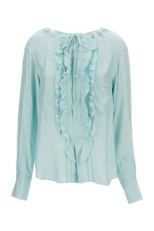 Plan C Light Blue Ruffled Shirt With Gathered Neck