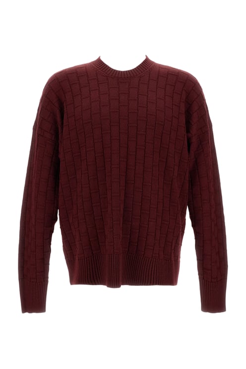 Plan C Checked Burgundy Wool Sweater With Ribbed Crew Neck