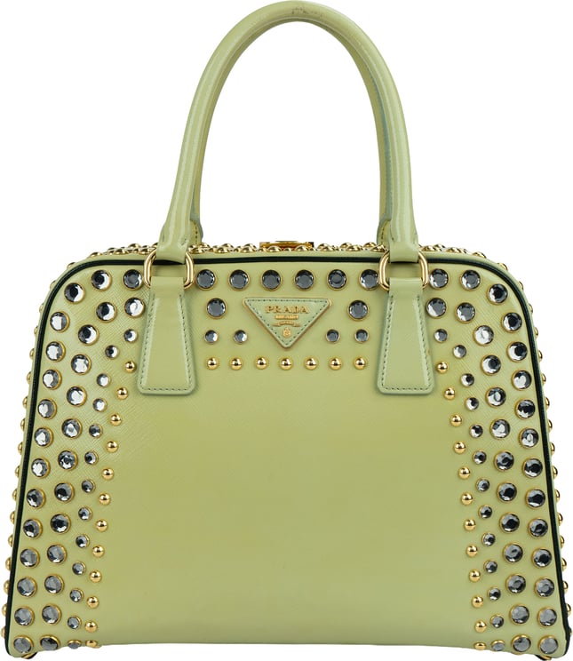 Prada Prada Saffiano Vernic Leather Pyramid Frame Crystal Studded Promenade Handbag