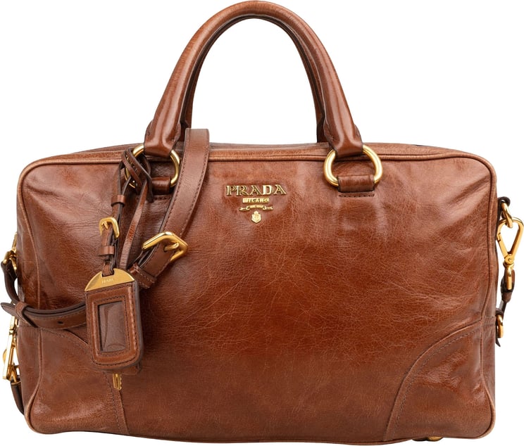 Prada Prada Brown Vitello Leather Antic Bauletto Bag Handbag