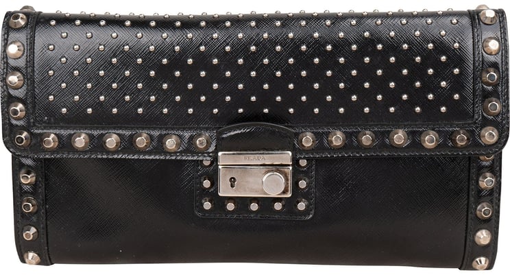 Prada Prada Saffiano Move Leather Studded Lock Clutch Bag