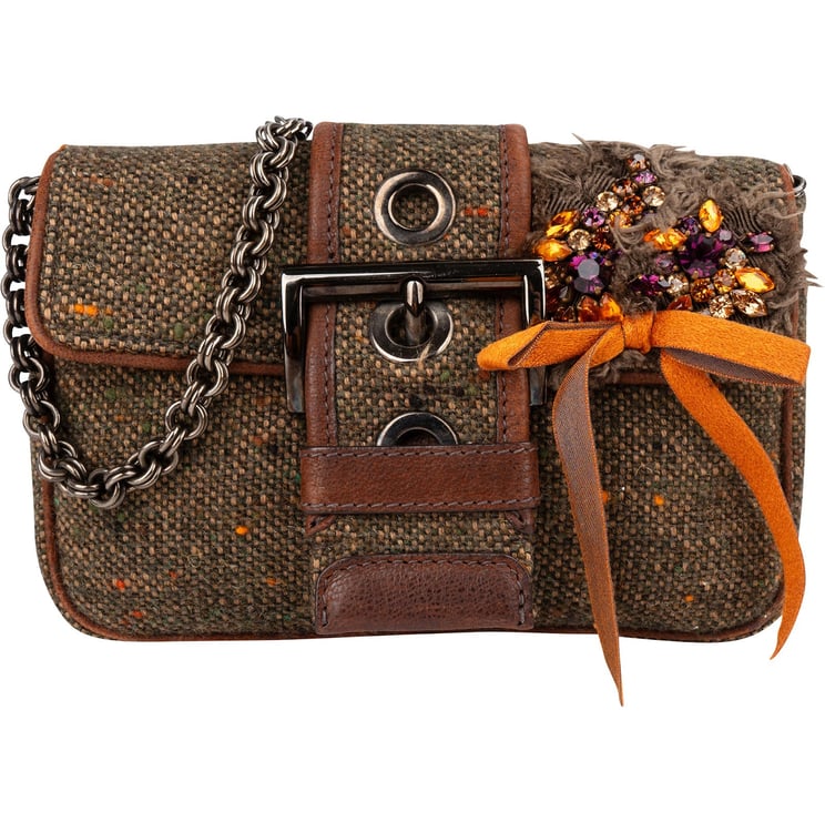 Prada Prada Tweed Ricamo Visone Mini Flap Shoulder Bag