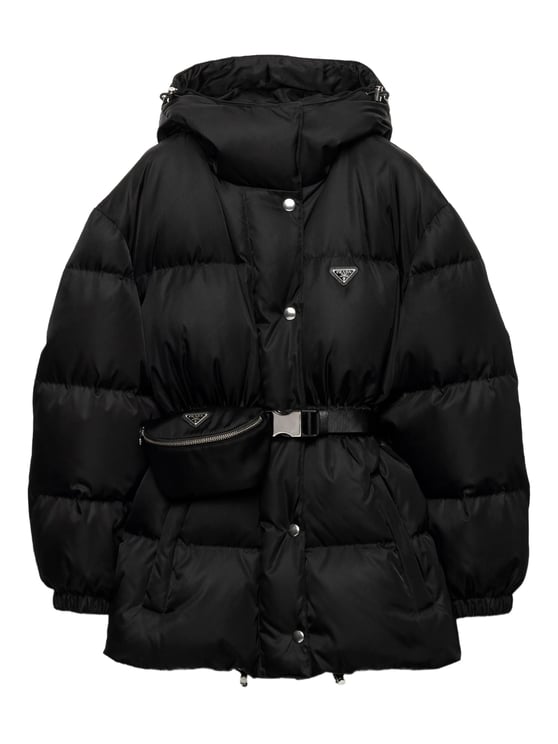 Prada Quilted Black Down Puffer Jacket With Functional Belt And Hood