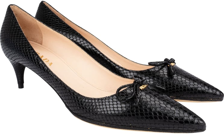 Prada Prada Black Leather Snakeskin Embossed Bow Kitten Heels Pumps (38)