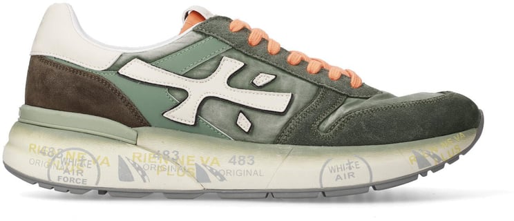 Premiata Baskets Mick toile suède kaki délavé logo blanc lacets orange Premiata Homme 7244 Sneakers