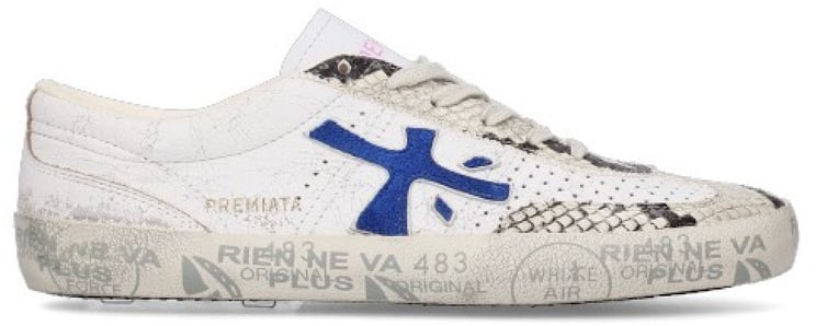 Premiata Sneakers cuir craquelé blanc serpent écru noir logo bleu rose David Premiata Femme 8104 baskets