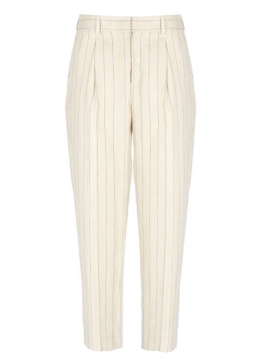 PT Torino Ivory Striped Linen-Cotton Pants