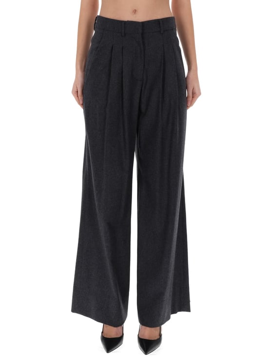 PT Torino Grey Virgin Wool-Blend Wide-Leg Pants