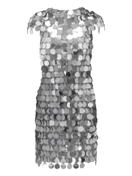 Rabanne Mini Dress with All-Over Silver Sequins and Round Neckline