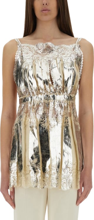 Rabanne Laminated Pleated Satin Top With Lace Detail