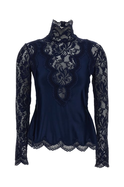 Rabanne Blue Stand Collar Scalloped Lace Top