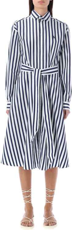 Ralph Lauren Midi Dress Long Sleeve Stripe Navy White Stripe