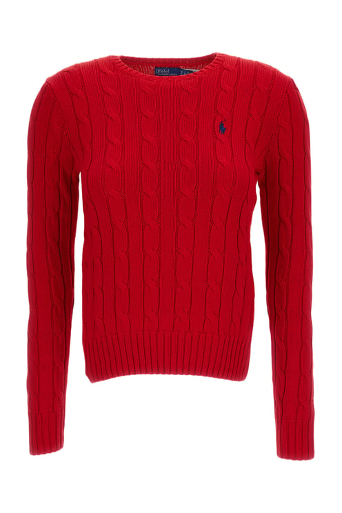 Ralph Lauren Ribbed Cable Knit Crew Neck Sweater with Embroidered Pony Detail