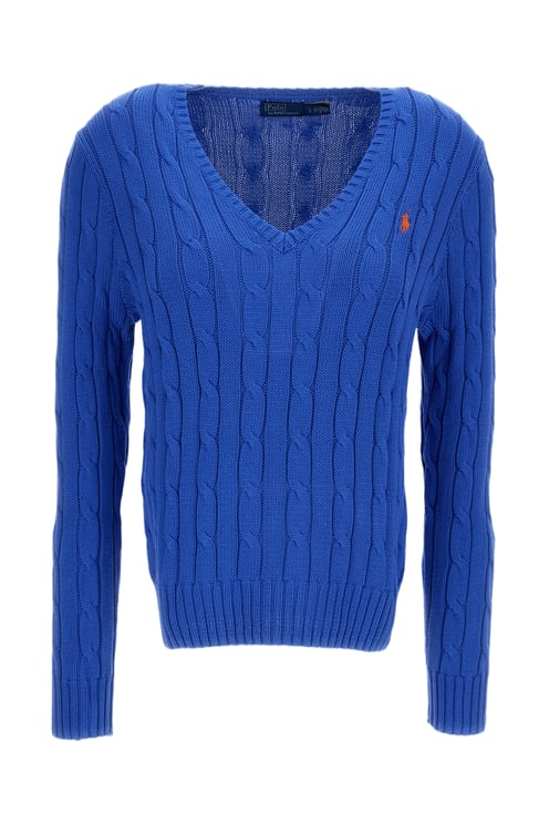Ralph Lauren V-Neck Cable Knit Sweater with Ribbed Cuffs and Signature Embroidery