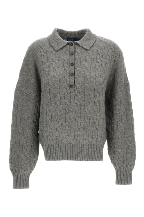 Ralph Lauren Grey Cable-Knit Cashmere-Blend Polo Sweater