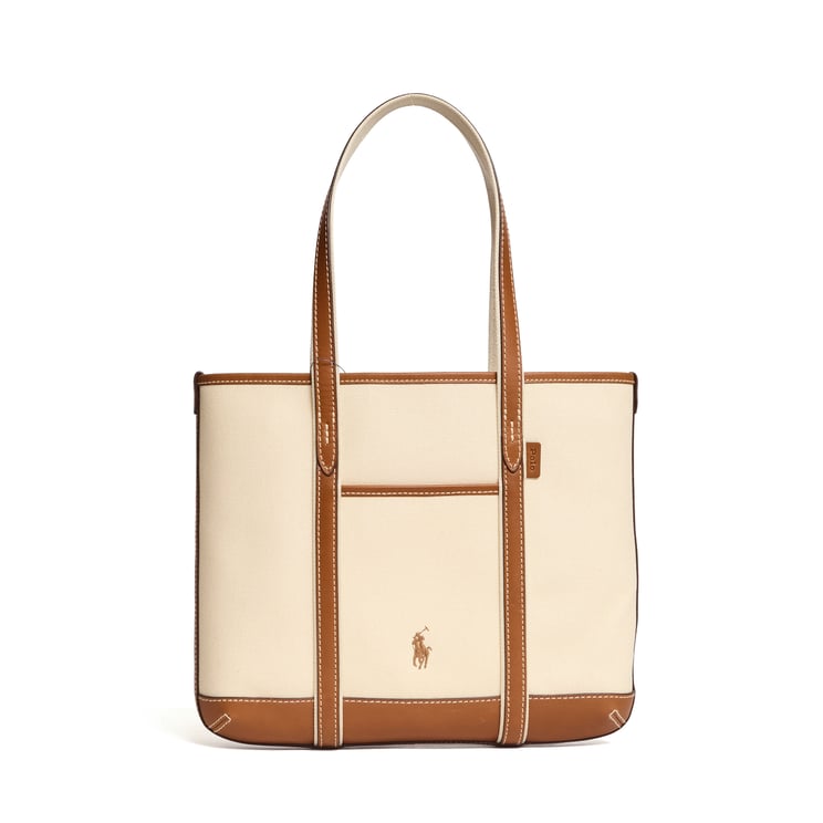 Ralph Lauren Leather Canvas Sewn Logo Tote Bag