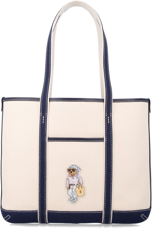 Ralph Lauren Small Tote Canvas Bear Ecru + Blue