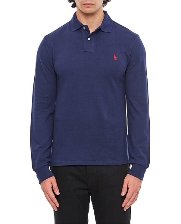 Ralph Lauren Long Sleeve Polo With Ribbed Collar And Embroidered Pony