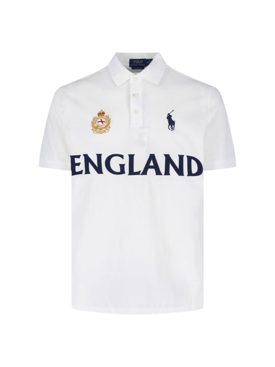 Ralph Lauren Classic White Polo Shirt with Navy Text and Embroidered Crest