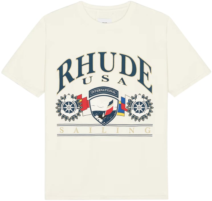Rhude Vintage T-shirt met Amerikaans zeilicoon in wit/zwart.