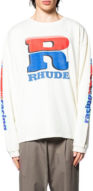 Rhude SPLIT PETROL LOGO LS TEE VINTAGE WHITE/ RED/ BLUE