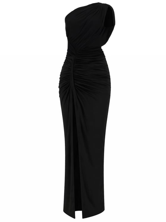 Rick Owens One Shoulder Draping Ruched Midi Dress