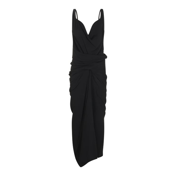 Rick Owens Black Viscose Midi Dress With Deep Heart Neckline And Asymmetrical Hem
