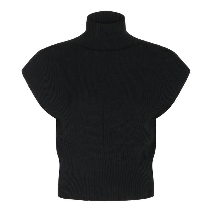 Rick Owens Cropped Black Sweater With High Turtleneck And Ribbed Texture