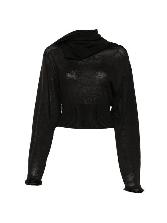 Rick Owens Cropped Black Long-Sleeved Top with Scarf-Inspired Neckline