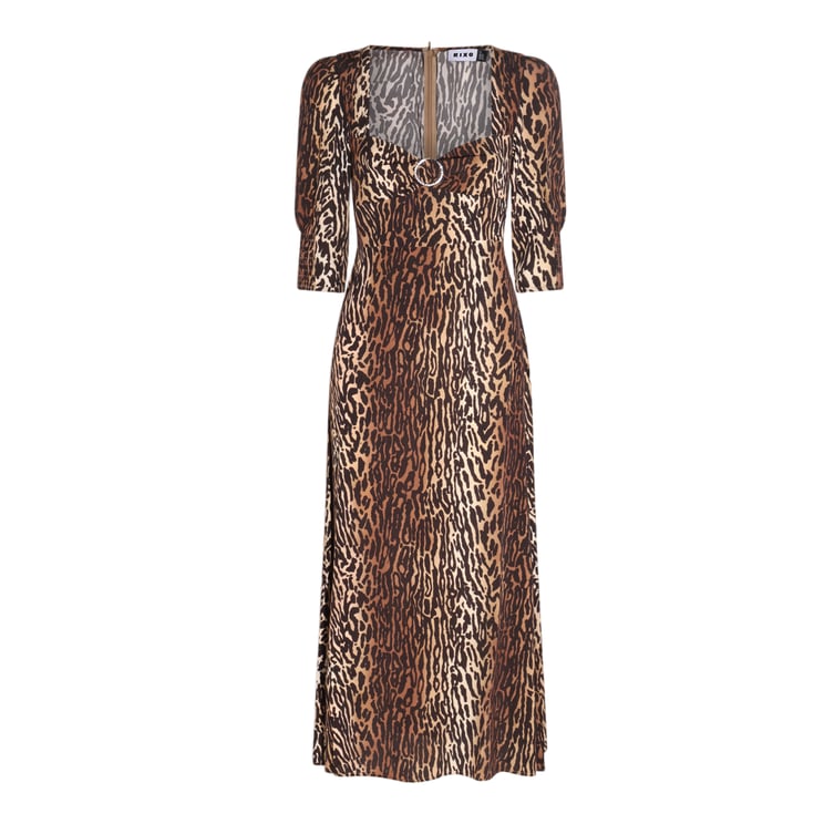Rixo Animal Print Midi Dress With Fitted Bodice And Unique Ring Detail