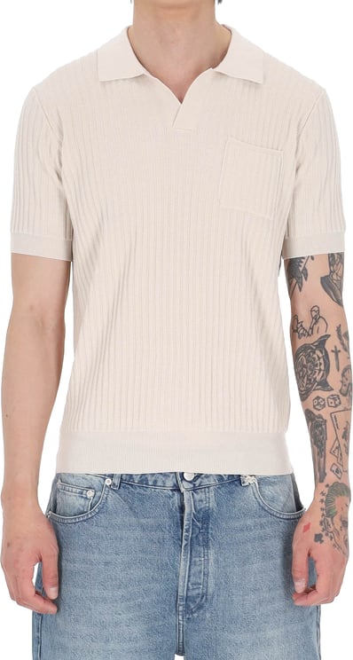 Roberto Collina Ribbed Cotton Open Collar Pocket Polo Shirt