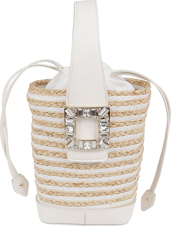 Roger Vivier Woven Raffia Bucket Bag with Crystal Buckle Accents