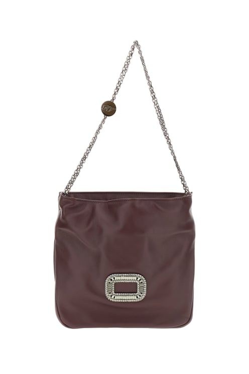 Roger Vivier Burgundy Soft Leather Crystal Buckle Shoulder Bag