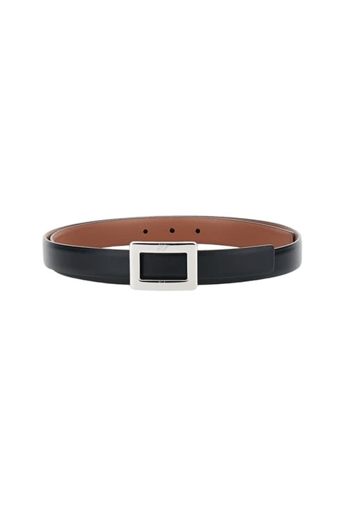 Roger Vivier Narrow Black Belt with Rectangular Silver Buckle