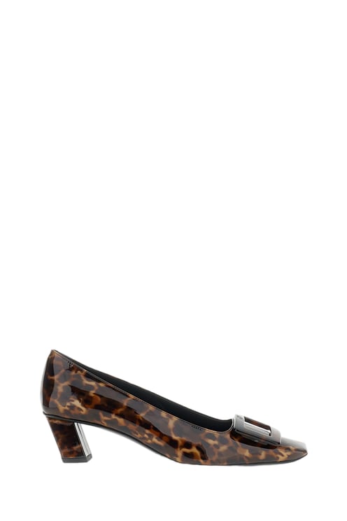 Roger Vivier Glossy Tortoiseshell Pattern Pumps with Pointed Toe and Low Block Heel