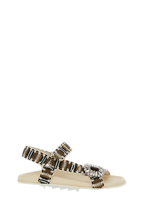 Roger Vivier Multicolored Woven Flat Sandals with Crystal Embellishment
