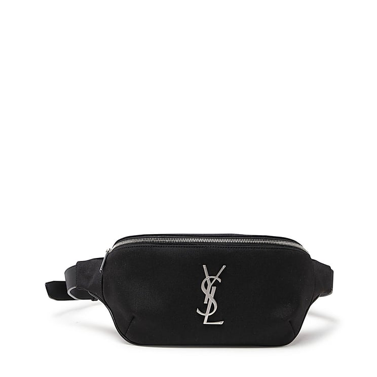 Saint Laurent Black Waist Bag with Silver YSL Logo and Adjustable Strap